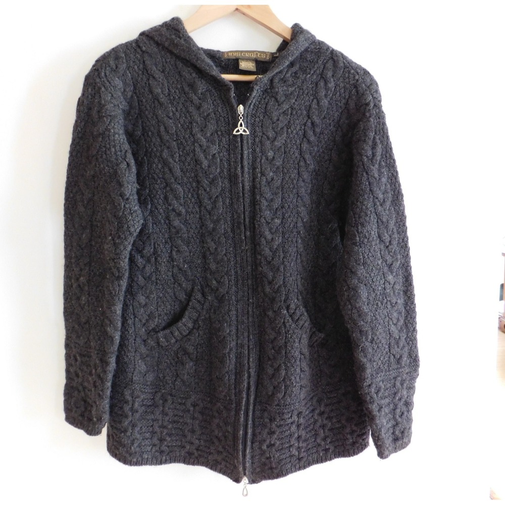 Inis Crafts 100% Merino Wool Hooded Cardigan Sz L Sweater Made in Ireland Grey